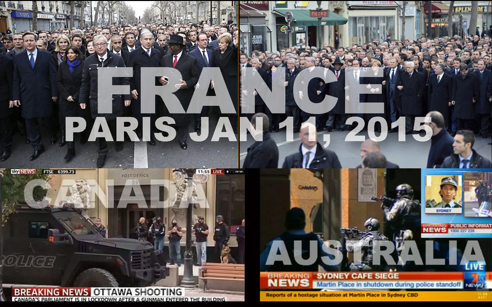 Paris Mayor Anne Hidalgo (2nd L), European Commission President Jean-Claude Juncker, Israeli Prime Minister Benjamin Netanyahu, Malian President Ibrahim Boubacar Keita, French President Francois Hollande, German Chancellor Angela Merkel, European Union President Donald Tusk, Palestinian president Mahmud Abbas, Jordan's Queen Rania and her husband King Abdullah II and Turkish Prime Minister Ahmet Davutoglu take part in a Unity rally Marche Republicaine on January 11, 2015 in Paris in tribute to the 17 victims of the three-day killing spree. The killings began on January 7 with an assault on the Charlie Hebdo satirical magazine in Paris that saw two brothers massacre 12 people including some of the country's best-known cartoonists and the storming of a Kosher supermarket on the eastern fringes of the capital which killed 4 local residents. AFP PHOTO / ERIC FEFERBERG